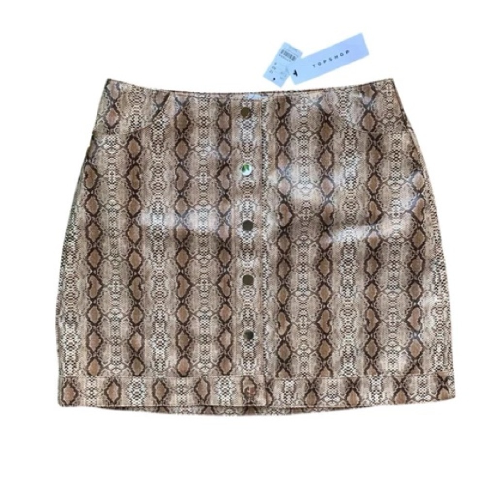 Topshop Snakeskin Animal Print Faux Leather Coated Mini Skirt Beige Brown Size 8